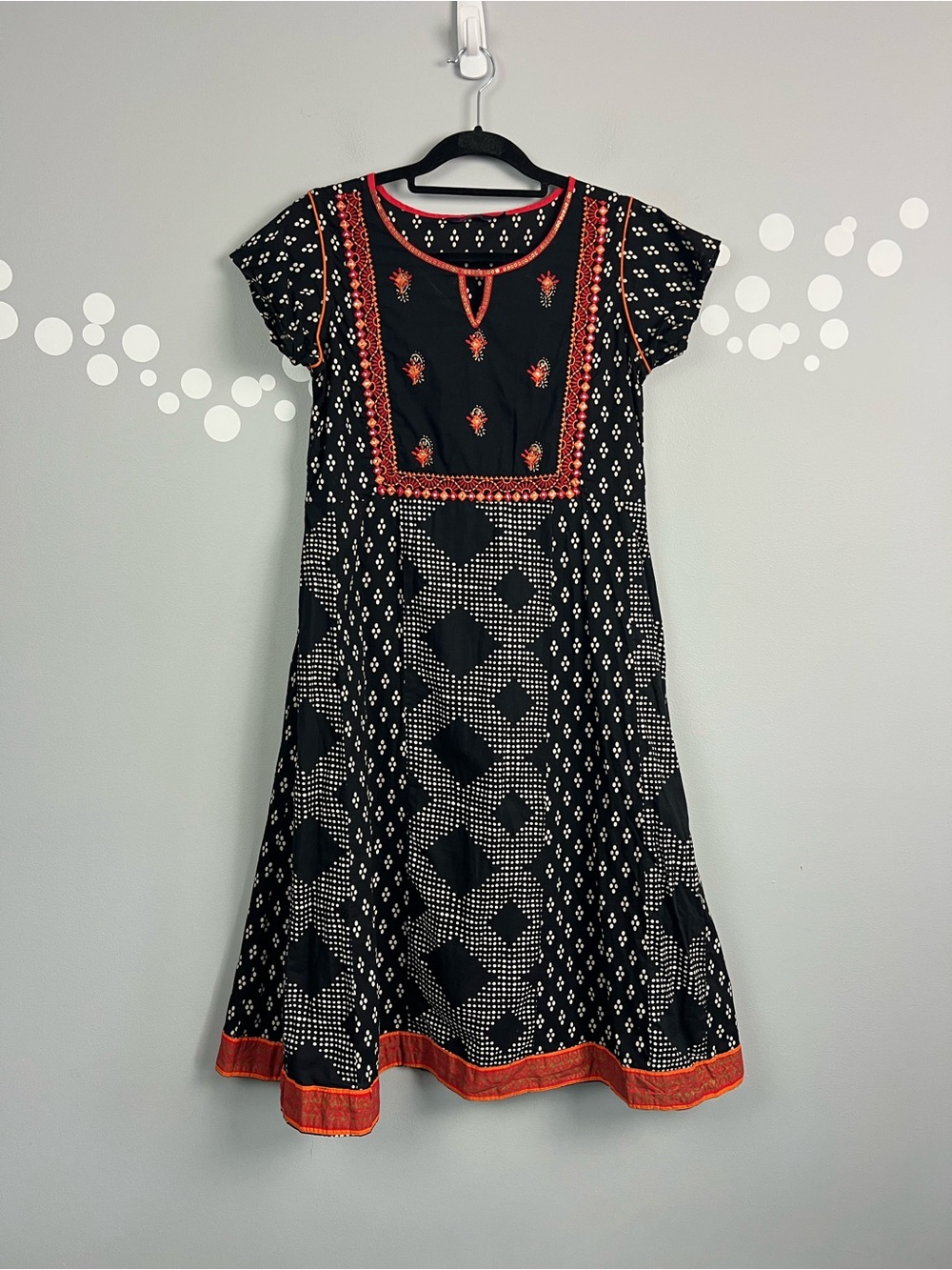 Srishti Embroidered Boho Midi Dress Size L Black Red Mirror Trim Indian
